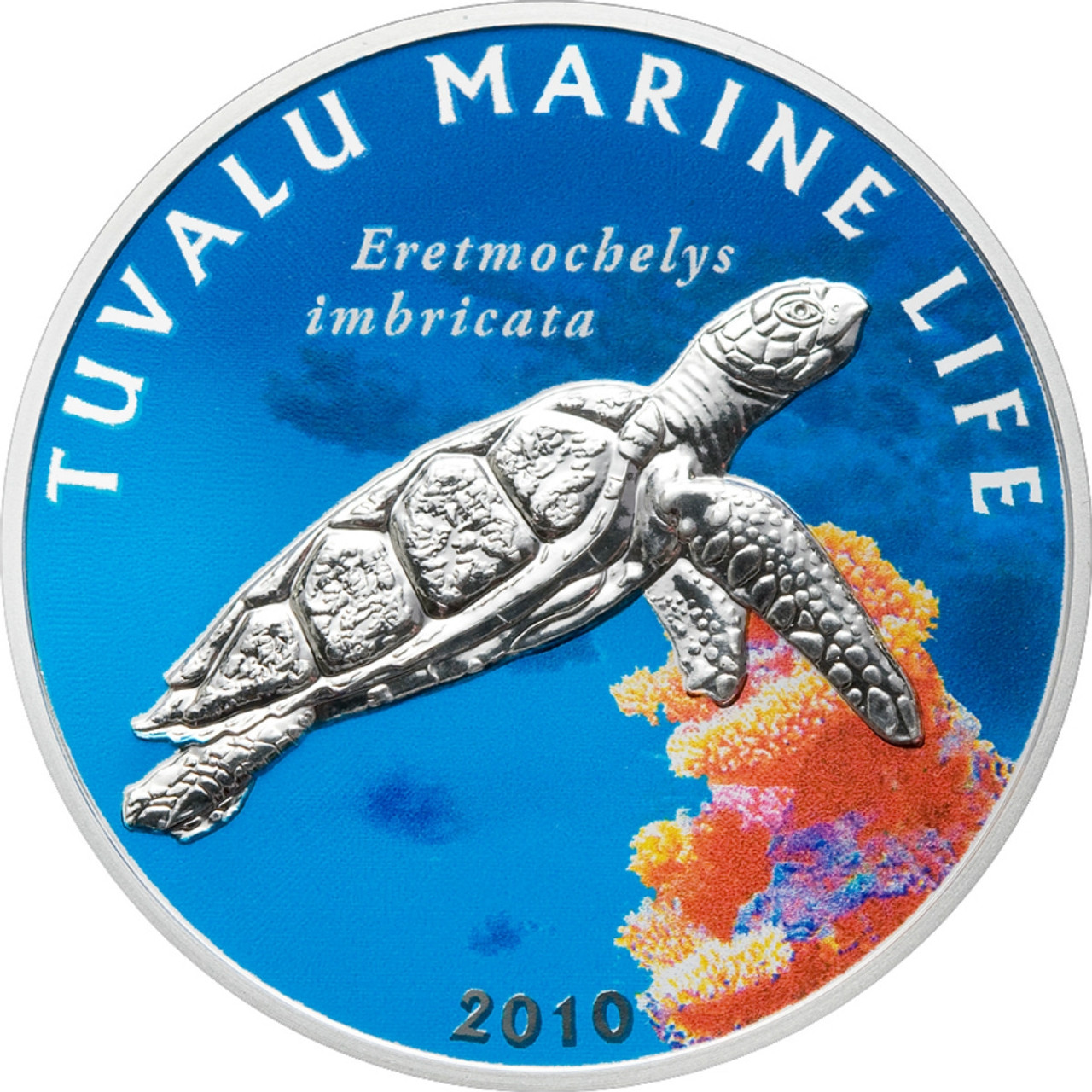 2010 $1 Tuvalu Marine Life - Turtle Coloured Silver Proof Coin